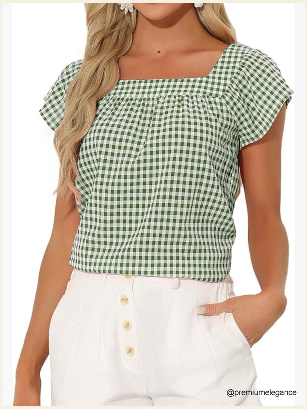Gingham Square Neck Cap Sleeve Blouse - Cute Casual Plaid Top